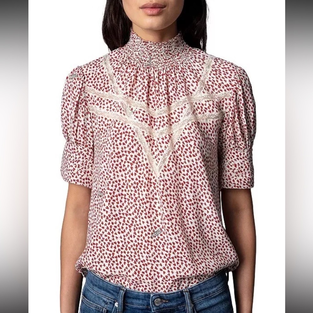Zadig & Voltaire Tupelo Small Heart Blouse High Neck Lace Top Sz XS